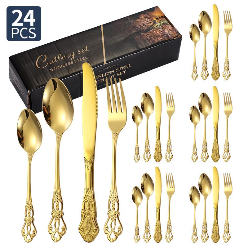 Amazon corte imperial cubiertos de acero inoxidable cuchillo y tenedor cucharas 20 / 24 / 30 piezas conjunto retro relieve cuchillo y tenedor de filete occidental