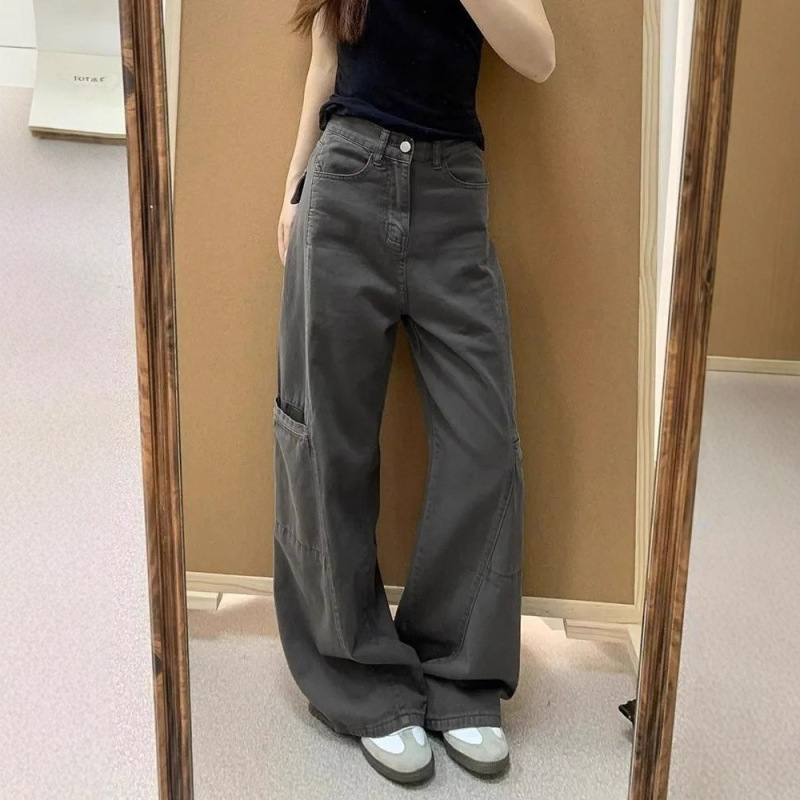灰色阔腿牛仔工装裤女2025夏季新款高腰宽松显瘦百搭直筒拖地裤子|undefined