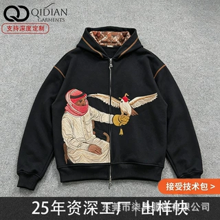 定制复古460g重磅刺绣连帽开衫卫衣满幅猎鹰人物刺绣宽松拉链帽衫