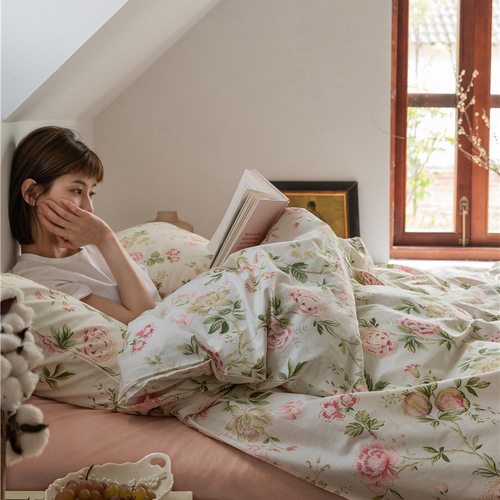 Ins Retro Pastel Floral All-Cotton Four-Piece Set Student Dormitory Three-Piece Set Pure Cotton B&B Literary Bed Sheet Bed Skirt