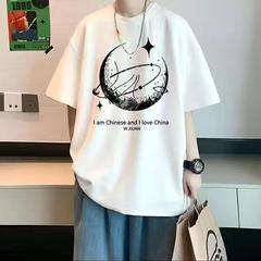 大きいサイズの半袖のtシャツの男子学生の2025新型の夏の対外貿易のアメリカのファッションのブランドの白い青少年のゆったりしている半分の袖のシャツ
