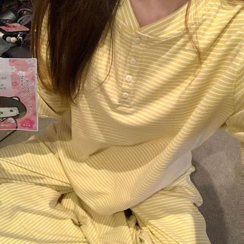 High-end Korean-style pajamas for girls, casual striped long-sleeved loungewear, yellow and white spring/autumn long pants set High-end Korean-style pajamas for girls, casual striped long-sleeved loungewear, yellow and white spring/autumn long pants set