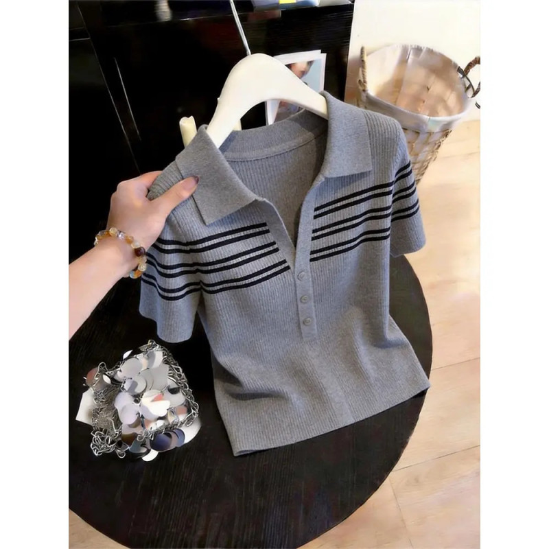 Korean-Style Striped Half-Open Collar Gray Short-Sleeve T-Shirt for Women, Summer 2026 New Design Niche Knit Top