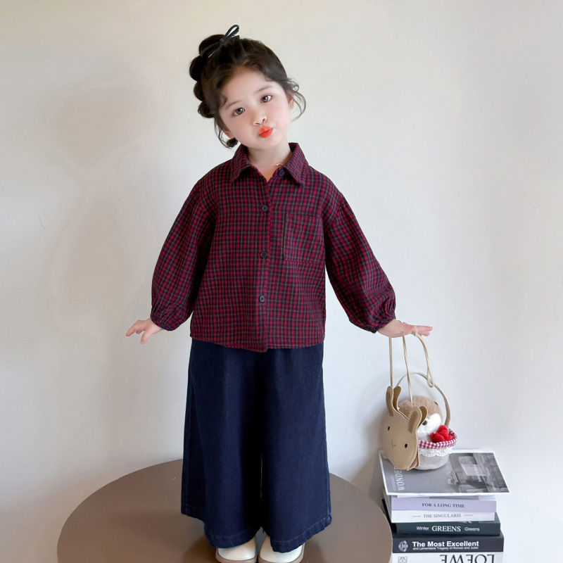 女童格子牛仔裤套装春秋款2025新款儿童韩版时尚小女孩洋气两件套|undefined