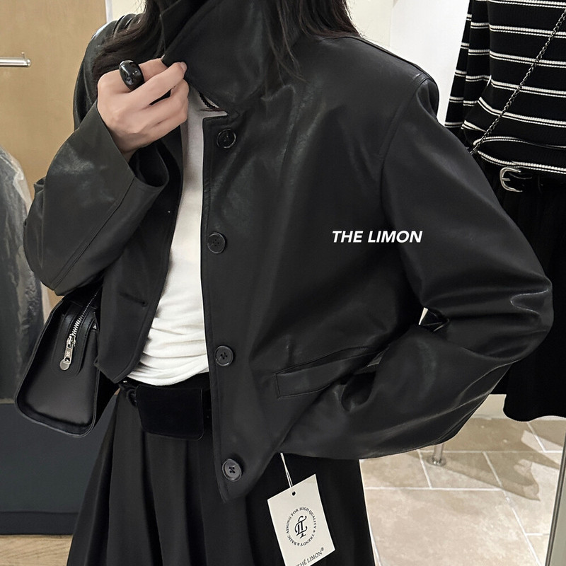 the limon柠檬绿茶2025秋季新款黑色翻领机车服皮夹克外套女皮衣|undefined