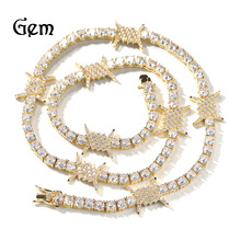 欧美跨境嘻哈饰品插扣款铁丝荆棘网球项链铜镶锆石百搭服装配饰