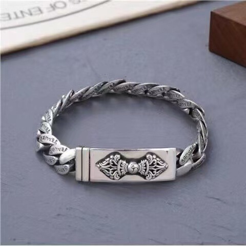 Wholesale Six-Character Vajra Bracelet for Men, Cuban Thick Style, Fashionable, Simple, High-End Thai Silver, Trendy, Personalized, Retro Jewelry