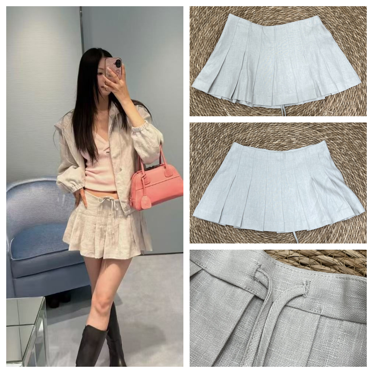 Light Linen Pleated Short Skirt for Women, High-Waisted Textured Cotton-Linen A-Line Skirt, Short Skirt Pants, New Autumn Style