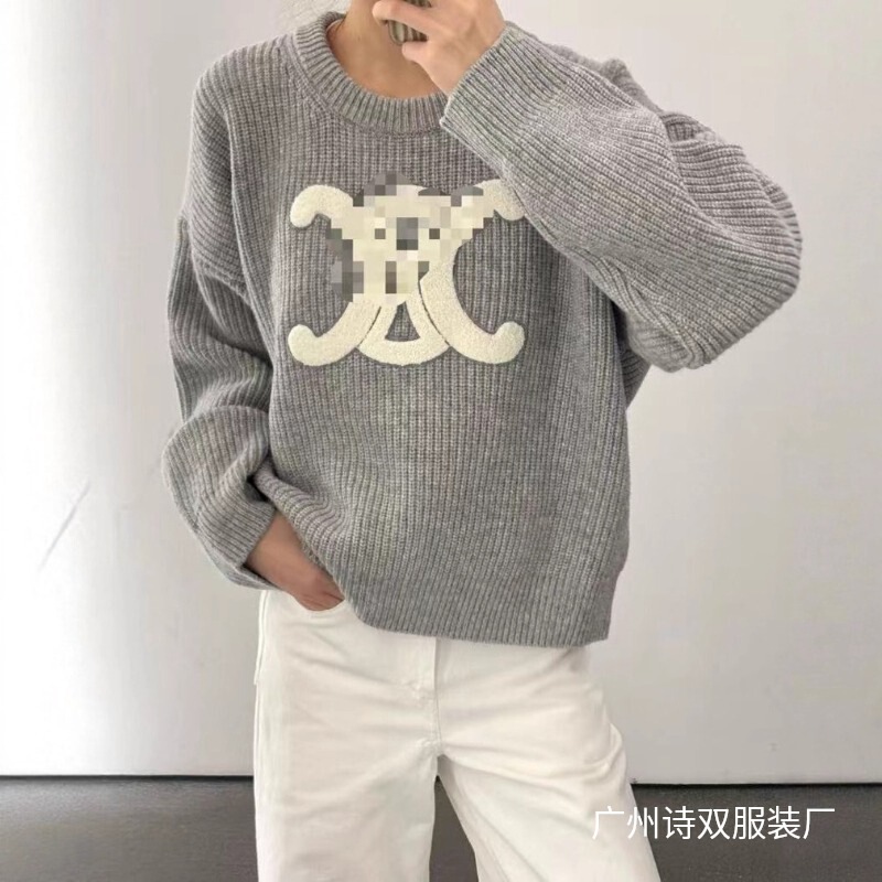 2025秋冬新款针织衫简约时尚logo设计圆领长袖男女同款宽松慵懒风|undefined
