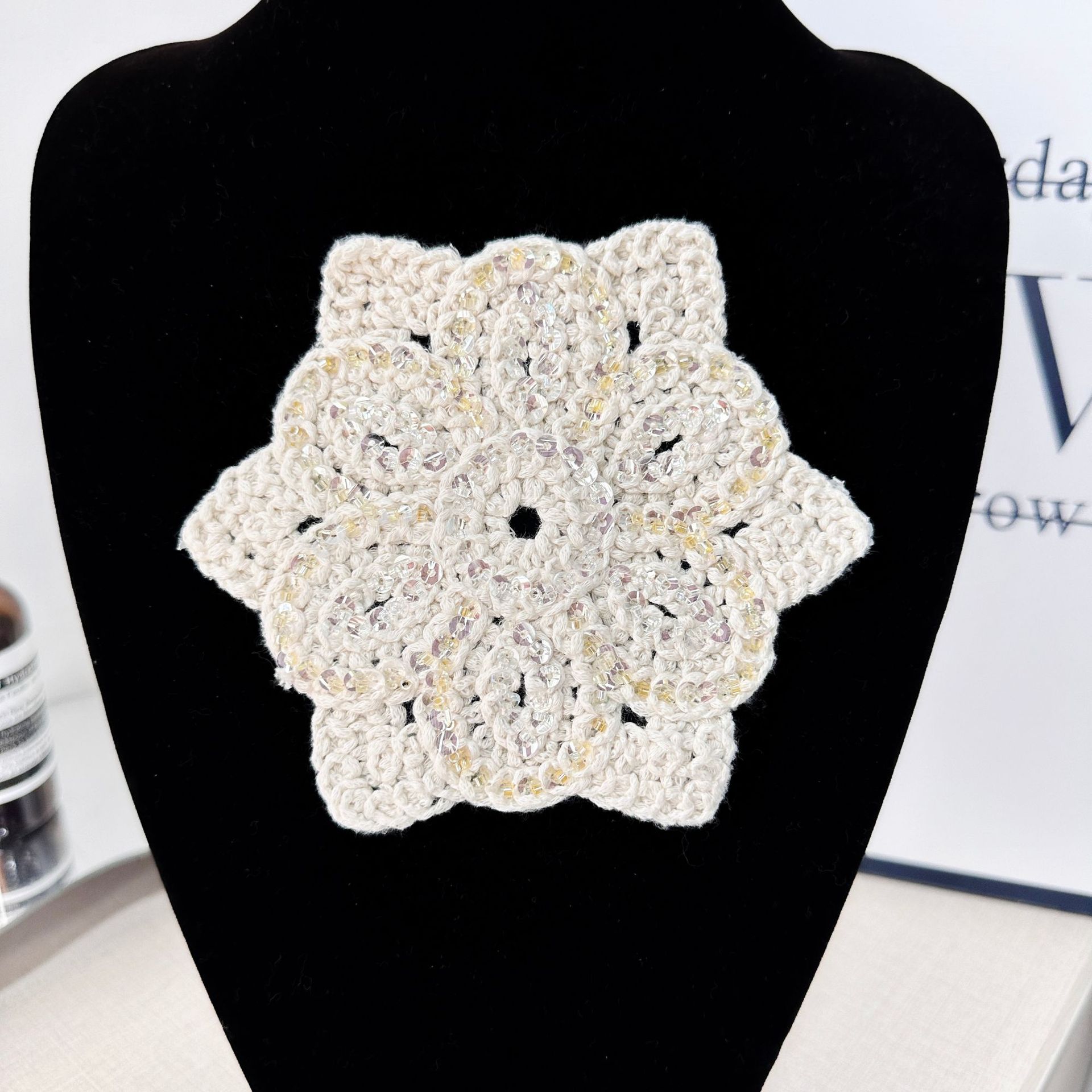 Tejido a mano de ganchillo flor de algodón arroz blanco sequilla decoración tela pegada bolsa cortina almohada decoración ropa
