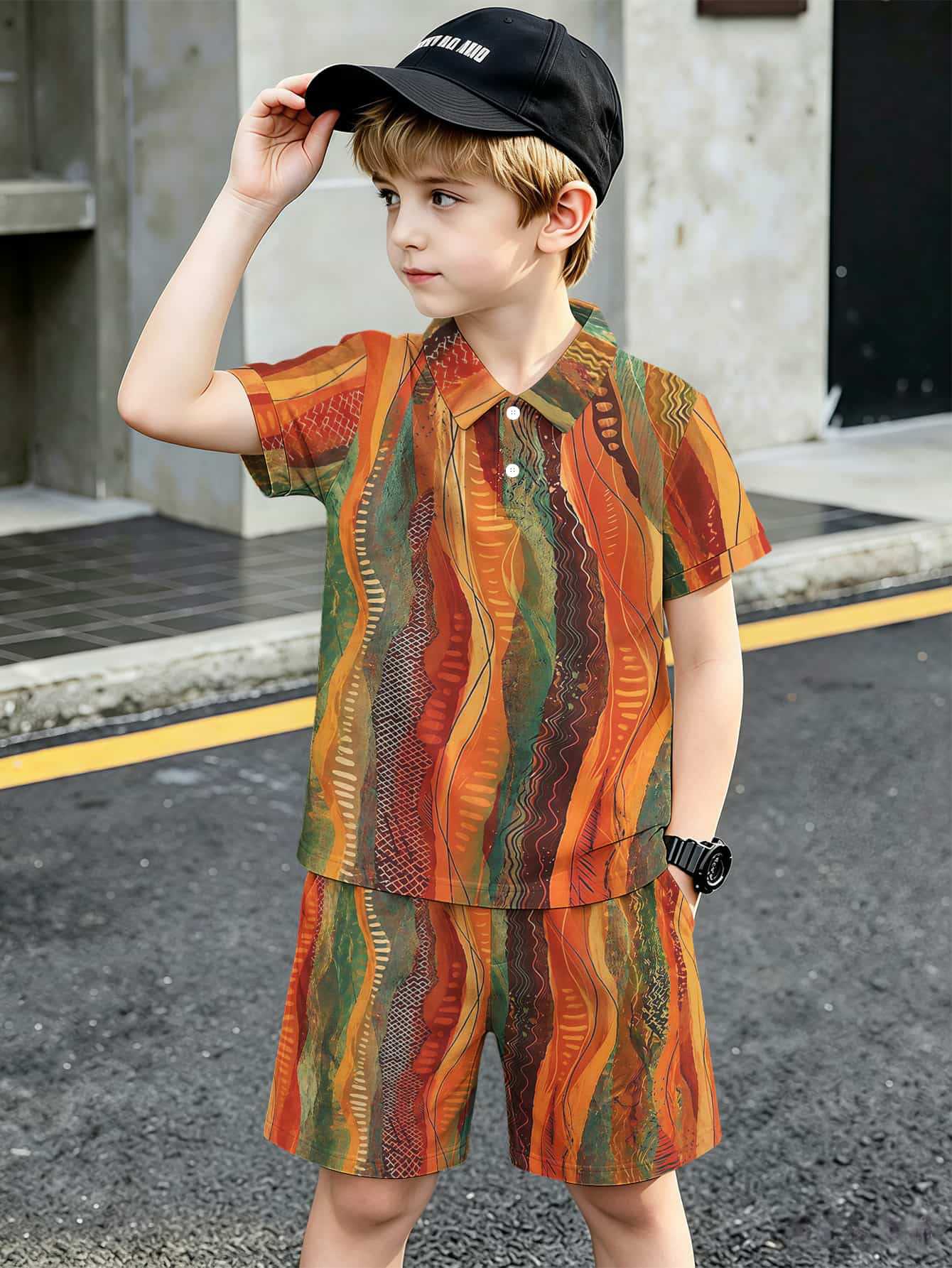Conjunto de polo e calções para menino com estampado 3d_voghion.com