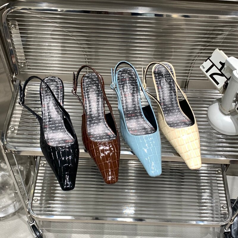Unique Patent Leather Black High-Heeled Shoes with Open Back for Women, 2026 Spring/Summer Stylish Small Square-Toe Closed-Toe Sandals