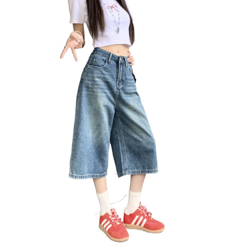Vintage Cowboy Short Women's Summer Plus Size High-Waisted Loose Slimming Versatile Seven-Eighth Length Straight Leg Wide Leg Pants for Petite Figures
