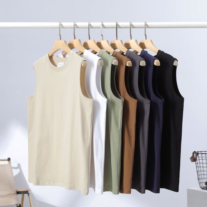 245g Japanese heavy weight cotton round neck sleeveless T-shirt vest Tide brand solid color loose fitness running vest wholesale