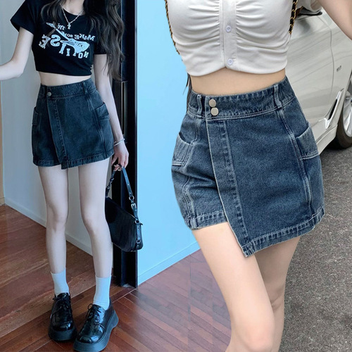 A-line denim culottes women's pantskirt, irregular fit, hip-hugging, summer hot-girl style, short height-friendly, high waist, slimming, anti-exposure.