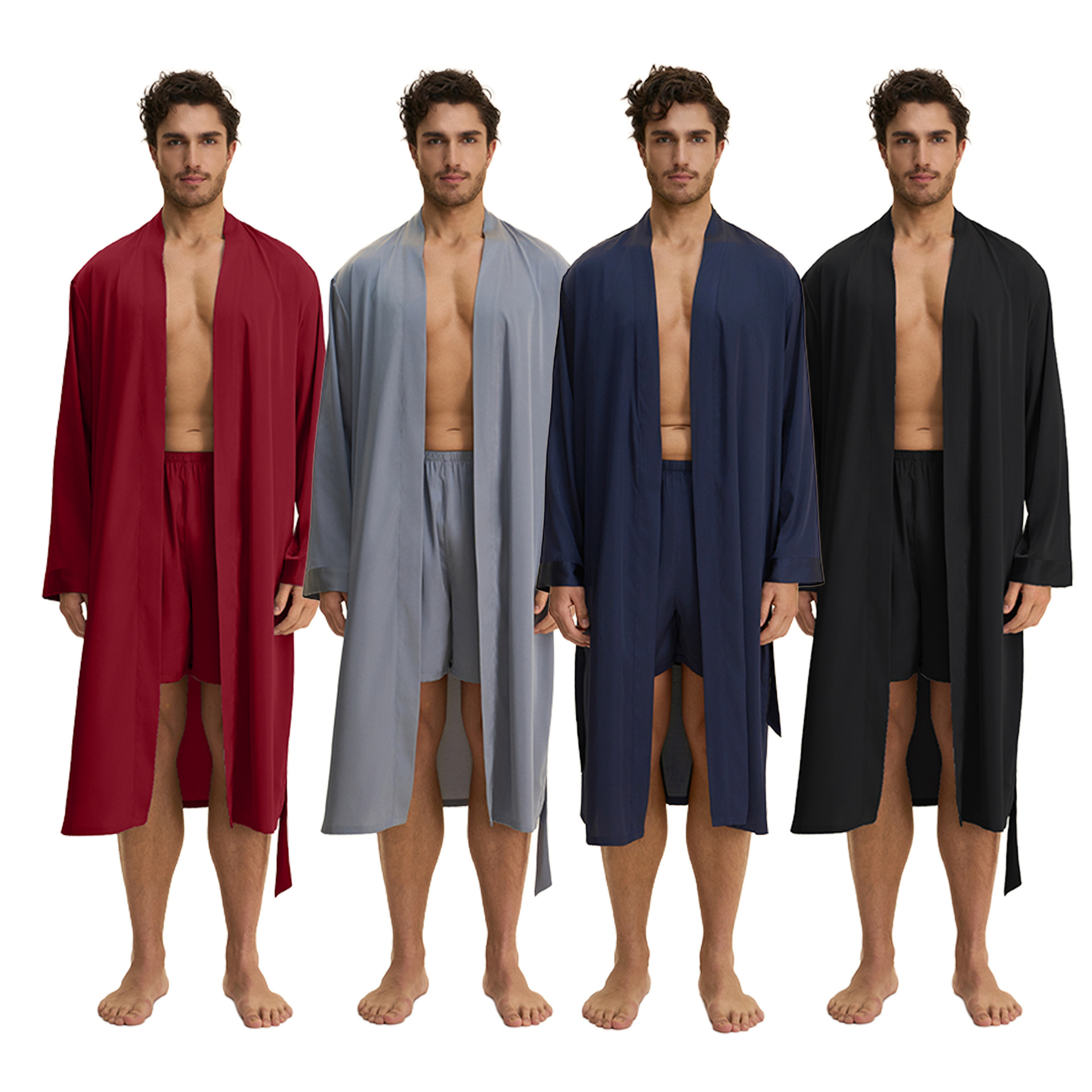 Primavera y otoño nuevo hombre transfronterizo de color sólido pijama largo corto con cara bata de baño conjunto de ropa de casa 3989