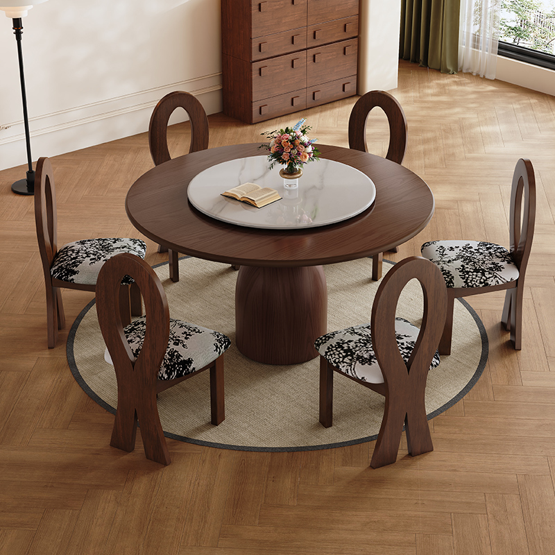 Solid Wood Dining Table Round Table French Mid-Century Style Walnut Color Ash Wood Round Household Small Apartment with Slate Turntable Table