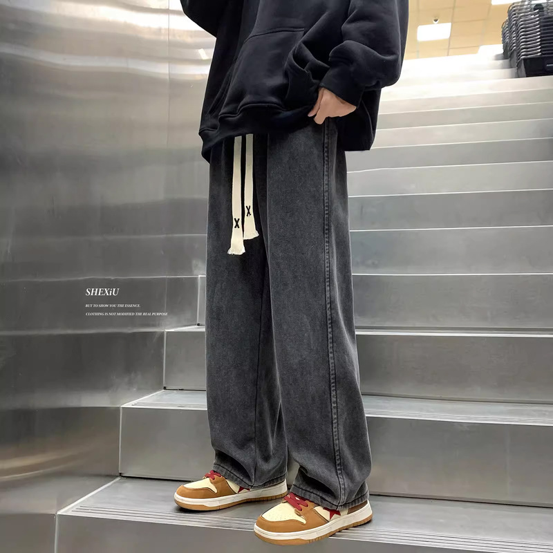 Large Quantity, Preferential Treatment, Retro Straight Drawstring Jeans for Men, Versatile Summer Loose American Long Pants for Boys, Trendy