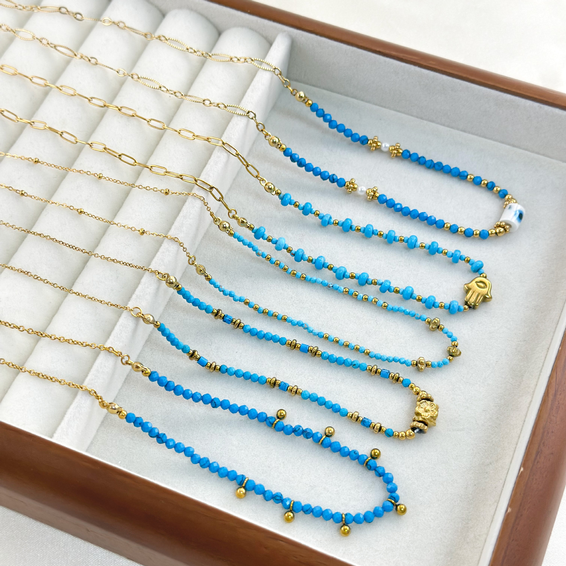 Beaded, Plating Design Retro Geometric Palm 304 Stainless Steel Turquoise Necklace In Bulk