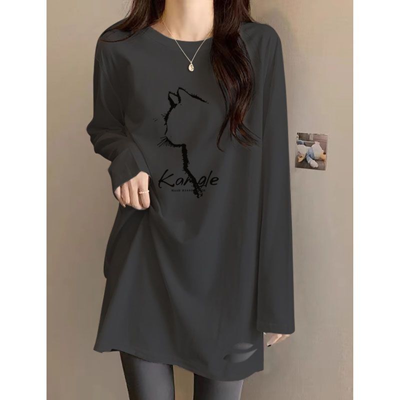 Gray Round Neck Bottoming Shirt for Women in Autumn and Winter, Ripped Mid-Length Design with Shark Pants, Long-Sleeved T-Shirt Top
