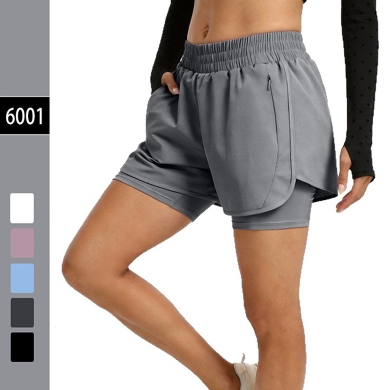 Pocket Zipper Two-In-One Sports Shorts Anti-Exposure Casual Quick-Dry Running Fitness Pants Loose High-Waisted Gym Shorts