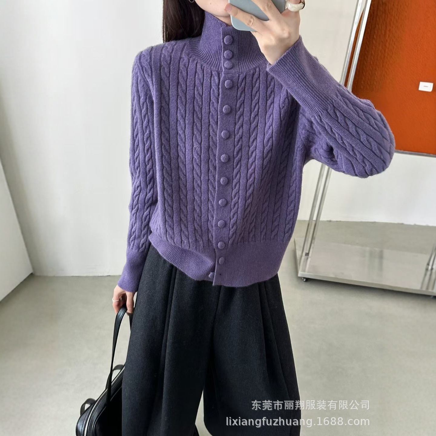 2025新款麻花针织开衫女高领单排扣长袖毛衣秋冬百搭宽松外套欧美