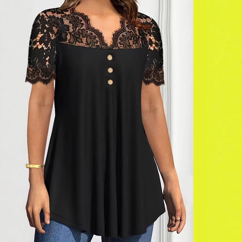 2025 Cross-Border Amazon Temu Spring and Summer New European and American Women's Clothing Solid Color Lace Short-Sleeved V-Neck Casual Shirt 2025 Cross-Border Amazon Temu Spring and Summer New European and American Women's Clothing Solid Color Lace Short-Sleeved V-Neck Casual Shirt