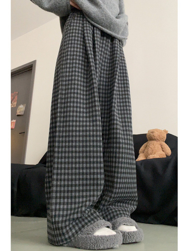 格雷系黑灰撞色阔腿慵懒风格子裤女秋季大码胖妹妹显瘦垂感休闲裤|undefined