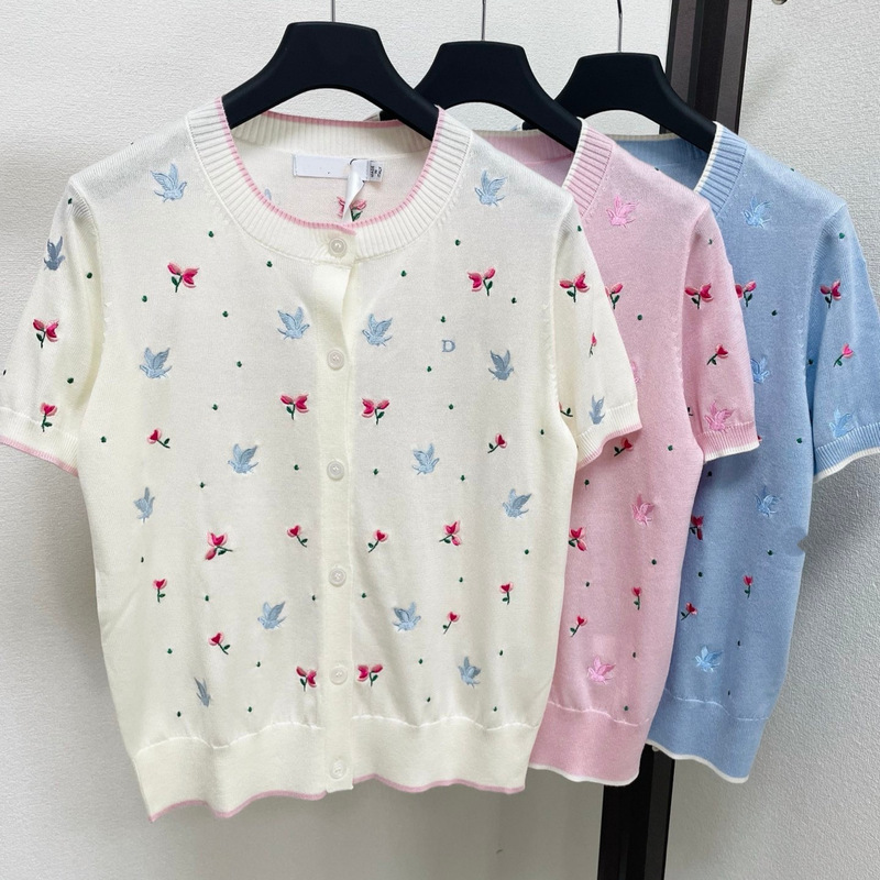 High-End D+26 Summer Heavy-Duty Bird and Flower Embroidery Sweet and Elegant Single-Breasted Thin Short-Sleeve Knit Cardigan for Women