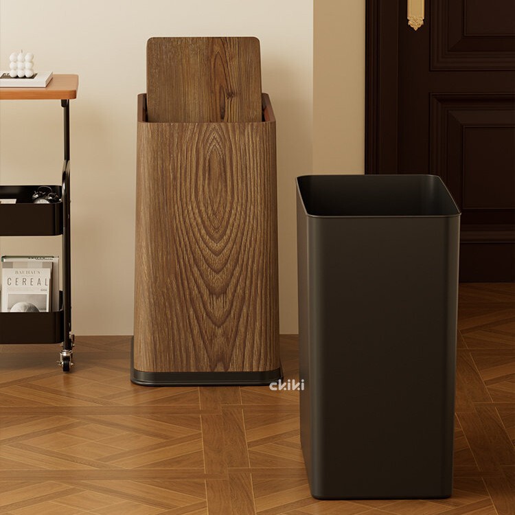 Narrow Gap Trash Can for Home Use in Living Room, Kitchen, Large Size, Wood Grain Design, with Lid, Suitable for Toilet and Bathroom