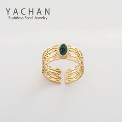 跨境新款歐美復古個性開口戒指鑲嵌松石鍍18金鏤空不鏽鋼戒指女