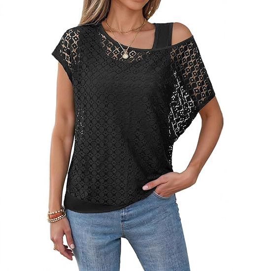 Amazon 2026 European and American Cross-Border Women's Summer Short-Sleeved Crochet Cut Out Lace + Inner Two-Piece Shirt