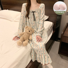带胸垫睡裙女款春秋款长袖长款睡衣可外穿秋季新款家居服一件代发