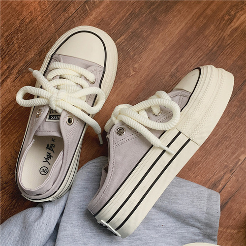 Thick-soled foot-stepping half-cup canvas shoes for women taro purple Korean style casual low-top women's shoes  summer breathable casual shoes