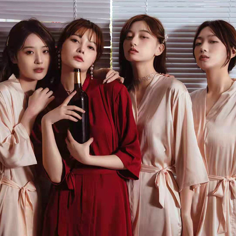 Wedding Morning Gown Female Bride Bridesmaid Group Ice Silk Wedding Pajamas Nightgown Red Bathrobe Women's Mid-length Thin