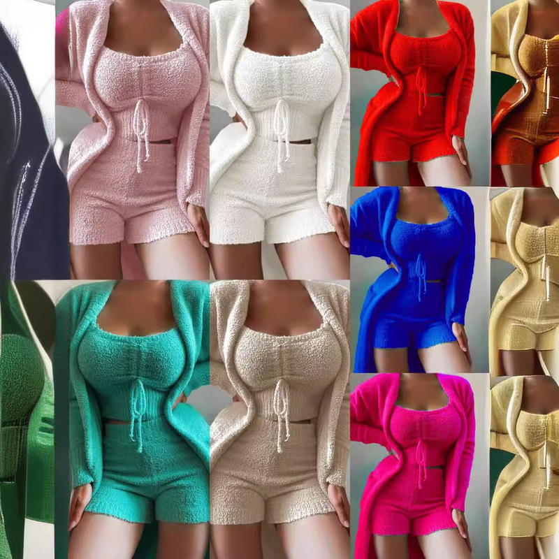 2026 New Cross-Border Women's Plush Three-Piece Lace-Up Pajama Set Casual Outfit Loungewear Wholesale 2026 New Cross-Border Women's Plush Three-Piece Lace-Up Pajama Set Casual Outfit Loungewear Wholesale