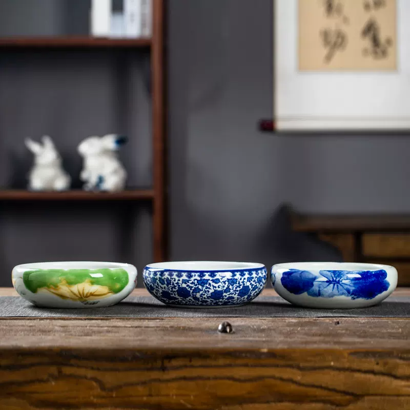 景德镇陶瓷鱼缸养鱼盆小型桌面陶瓷圆形小鱼缸睡莲盆手绘金鱼龟缸