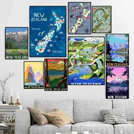 新西兰地图复古帆布海报厂家批发来图打印海报跨境电商SHEIN