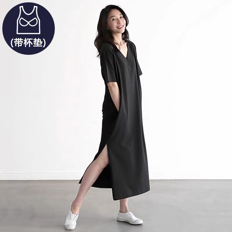 Summer Thin Pajamas for Girls Korean Style V Neck Short-Sleeved Large Size Modal Dress Loose Casual Slit Nightgown