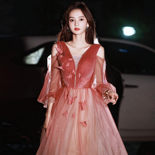 Toast bride Red Gradient Evening dress Cocktail Banquet Long Gown engagement hosted car model show evening Toast bride Red Gradient Evening dress Cocktail Banquet Long Gown engagement hosted car model show evening