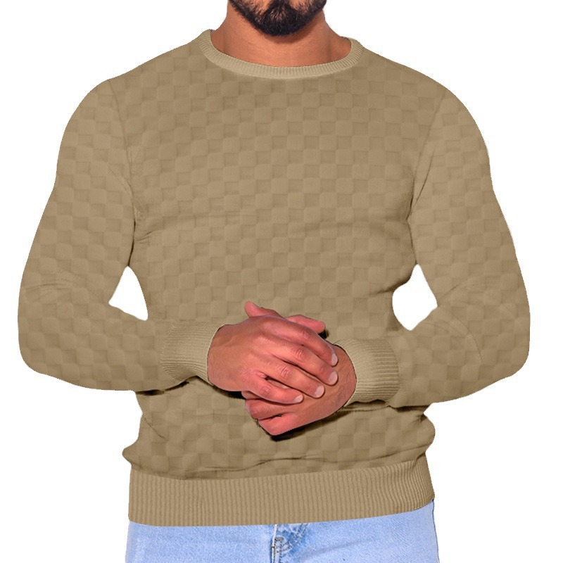 2024 Men's Spring and autumn men's knitted shirt with jacquard chessboard plaid round neck casual bottom long sleeved top_voghion.com