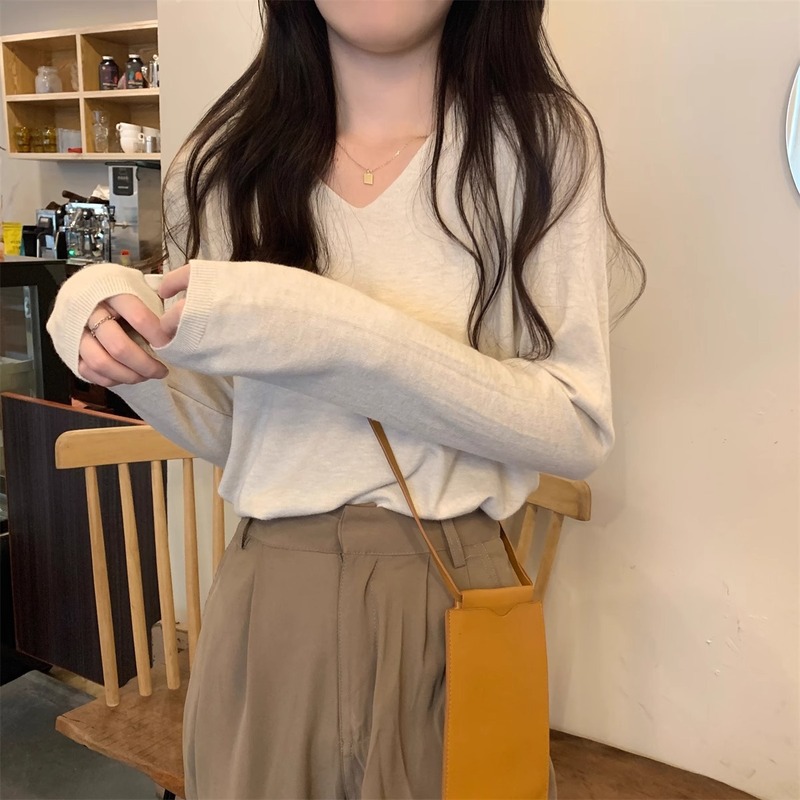 春秋冬季2025新款韩版长袖V领套头内搭打底针织衫女宽松毛衣上衣|undefined