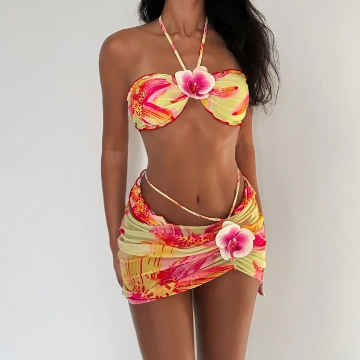 2026新款欧美跨境分体泳衣女扎染花朵性感比基尼三件套泳装bikini