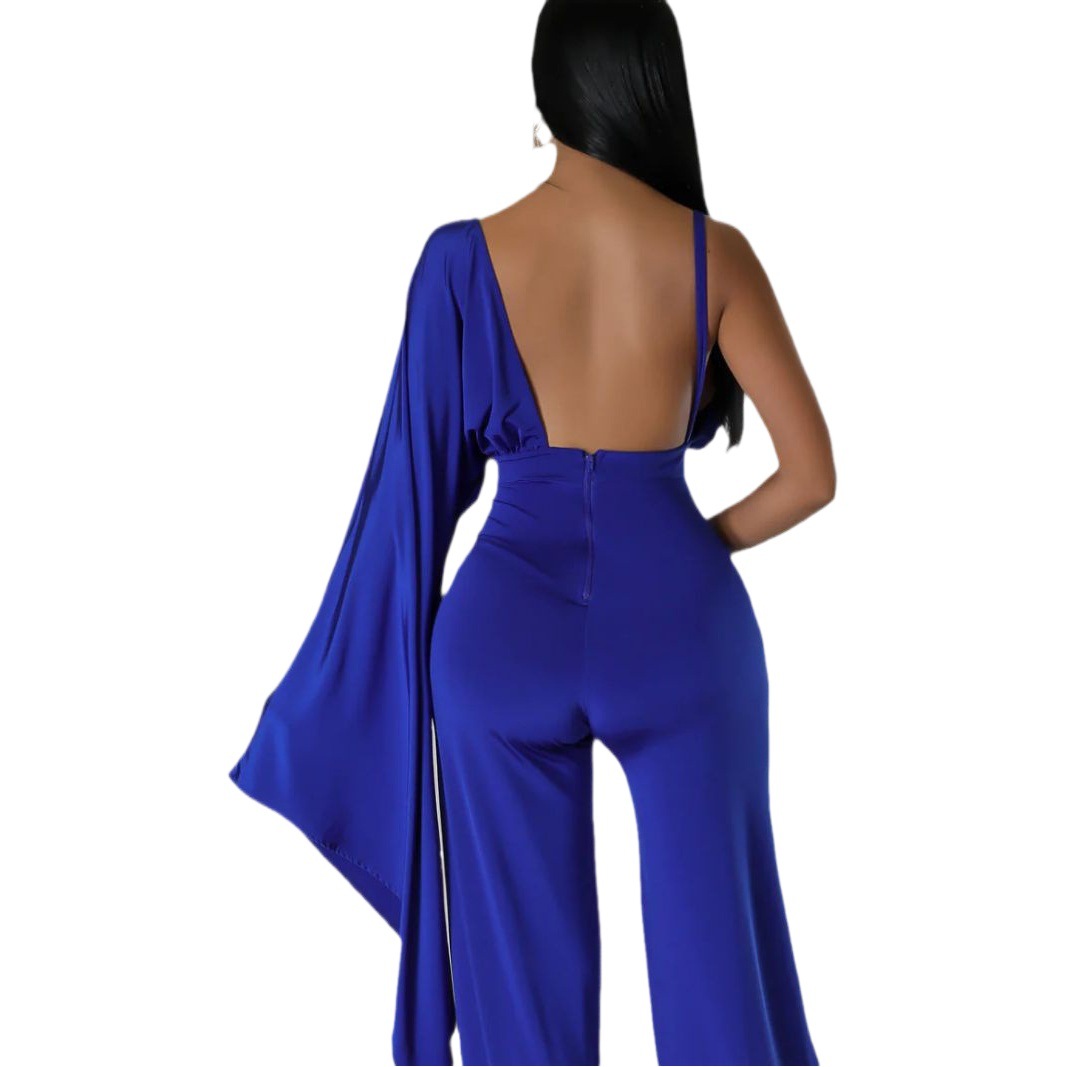 HX0354 transfronteriza de comercio exterior de las mujeres sexy cuello en V sin espalda unilateral campana manga alta cintura recta mono de color sólido