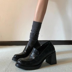现货羊皮版~高跟乐福鞋女复古百搭小皮鞋黑色简约一脚蹬通勤静音