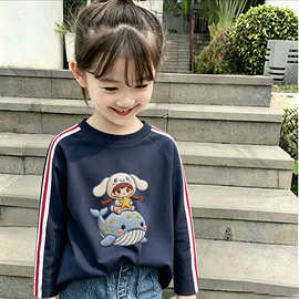 纯棉美式三条杠T恤女春秋新款宽松中大童上衣长袖儿童洋气打底衫