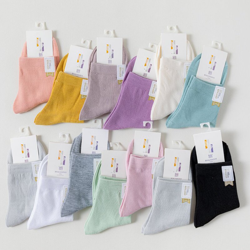 Socks for Women in Autumn and Winter Candy Color Women's Mid-Calf Socks Ins Trendy Japanese Style Pure Color Cotton Socks Women's Mid-Calf Socks Street Stall Socks