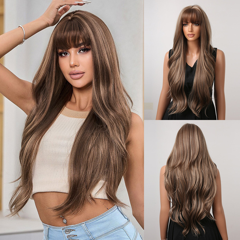 Europe and the United States foreign trade hot wig neat bangs big wave long curly hair gradient brown high temperature silk chemical fiber wig headgear