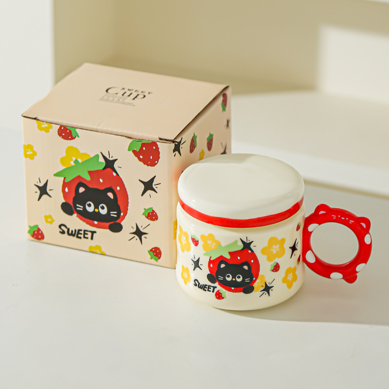 Regalo de cumpleaños Taza de dibujos animados para novias Taza de cerámica con tapa Regalo de mano Taza de agua para gatos lindos