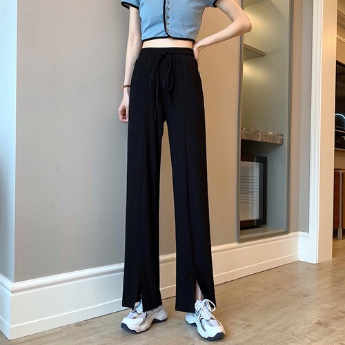 Women's Black Split Leggings 2025 New Summer Thin Slimming Loose Fit High-Waisted Flowy Wide Leg Pants for Students